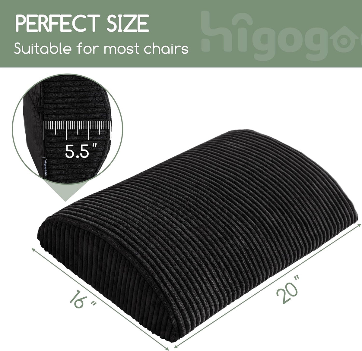 20"x16"x5.5" memory foam lumbar roll cushions in Black, alternate view 2