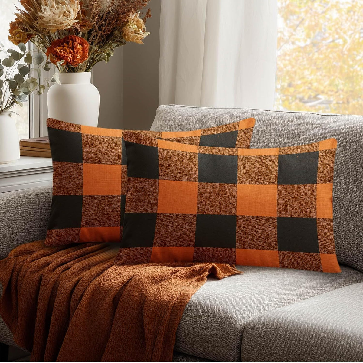 20"L x 12"W polyester throw pillow accessories in Orange Black Buffalo Plaid, alternate view 2