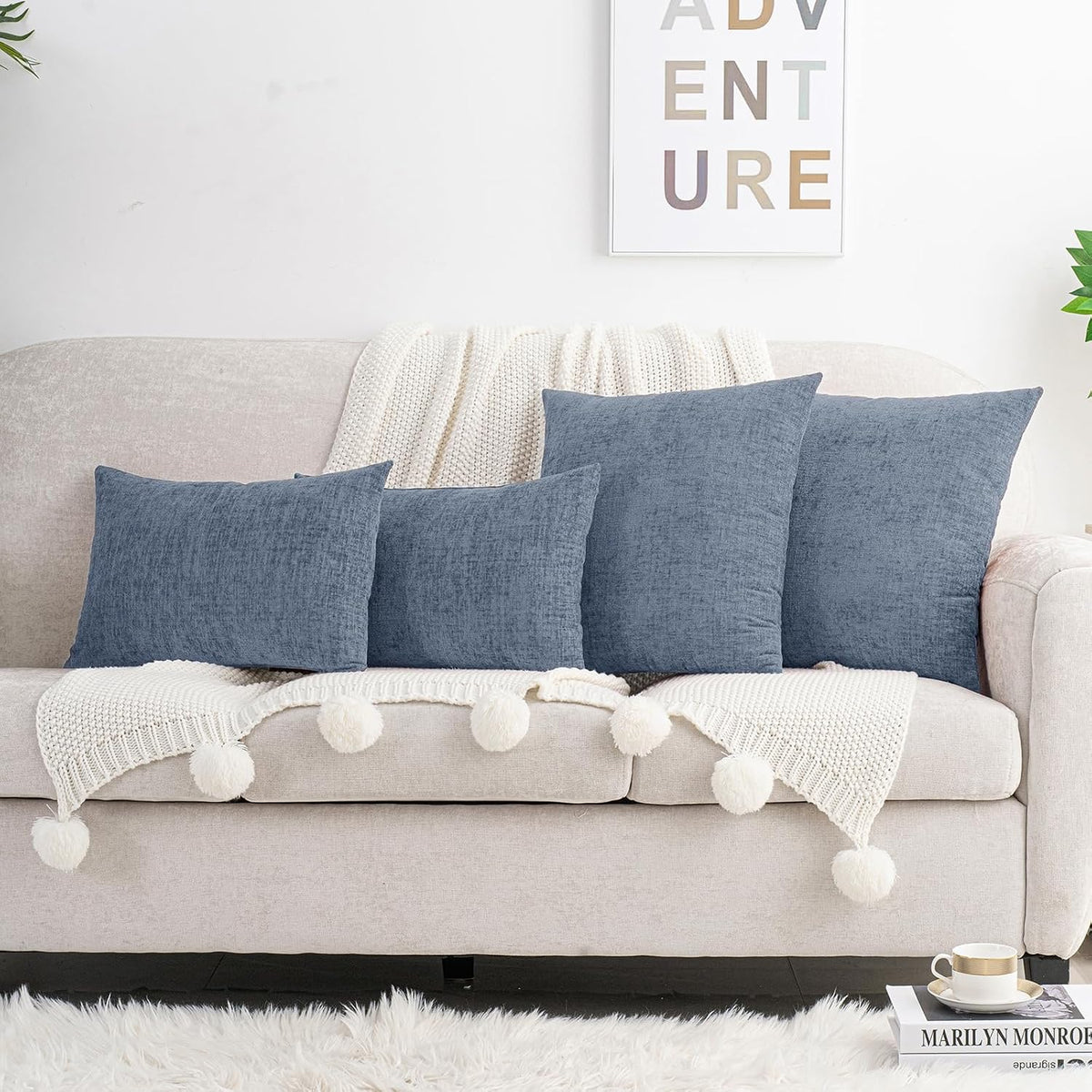 18"L x 18"W chenille throw pillow accessories in Dark Grey Blue, alternate view 2
