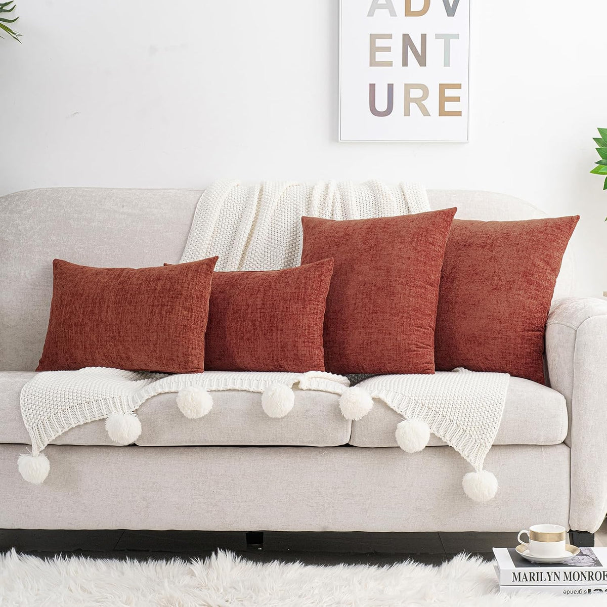 22"L x 22"W chenille throw pillow accessories in Burnt Orange, alternate view 2