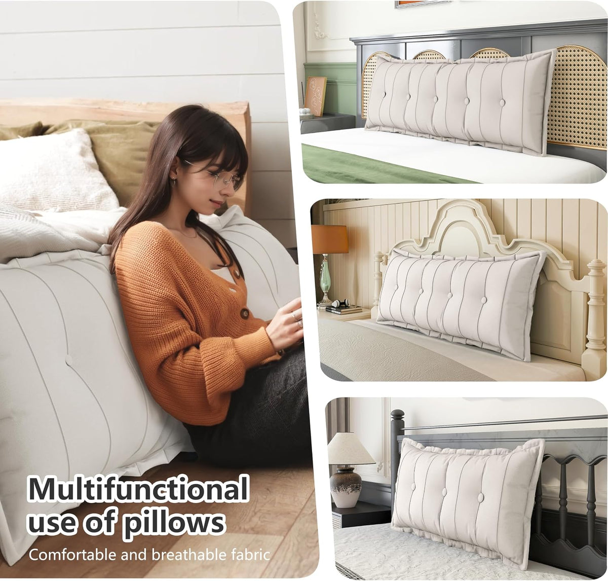 Queen: 59x3x20 Inches cotton backrest pillows in White, alternate view 4