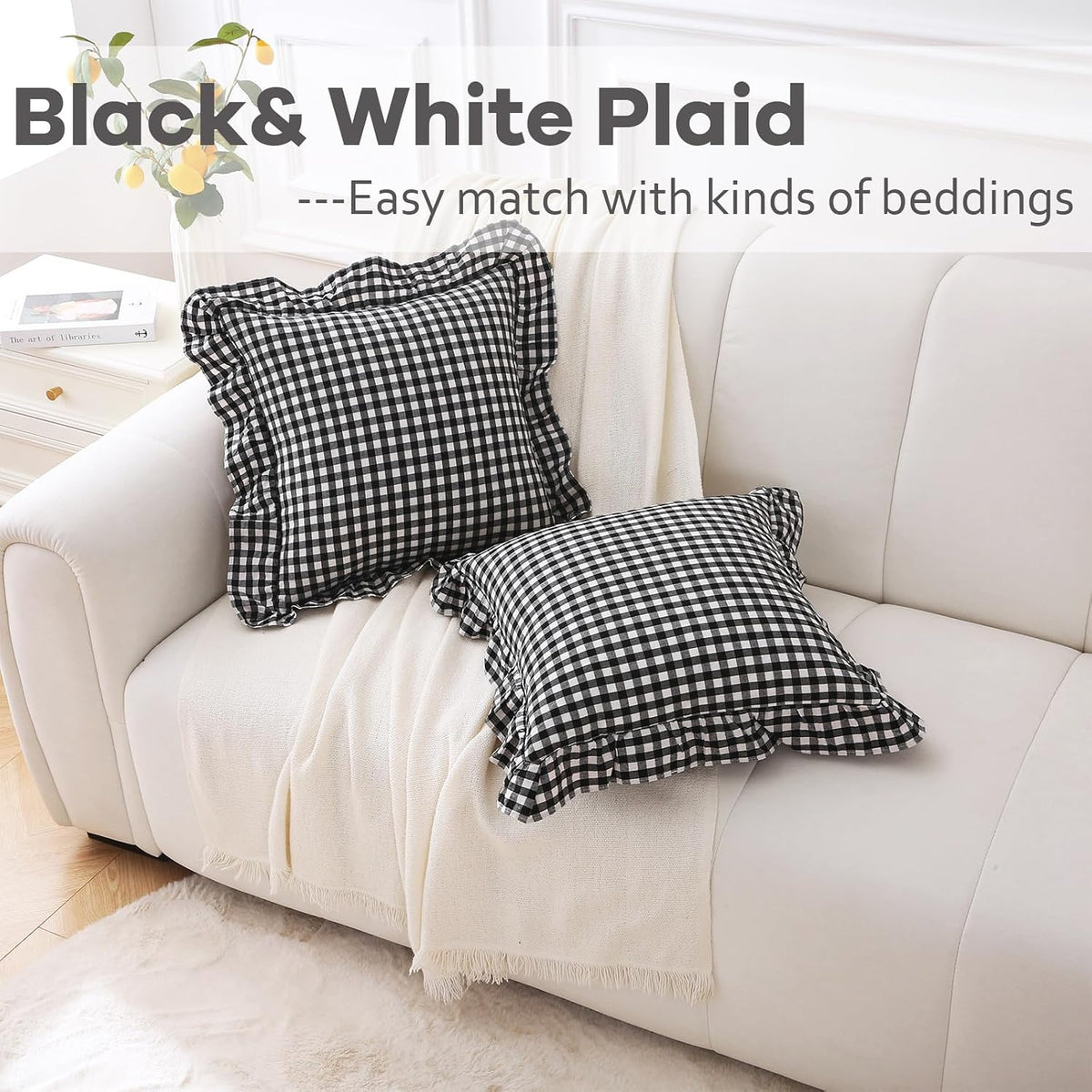 18"L x 18"W cotton throw pillow accessories in Black/White Plaid, alternate view 2