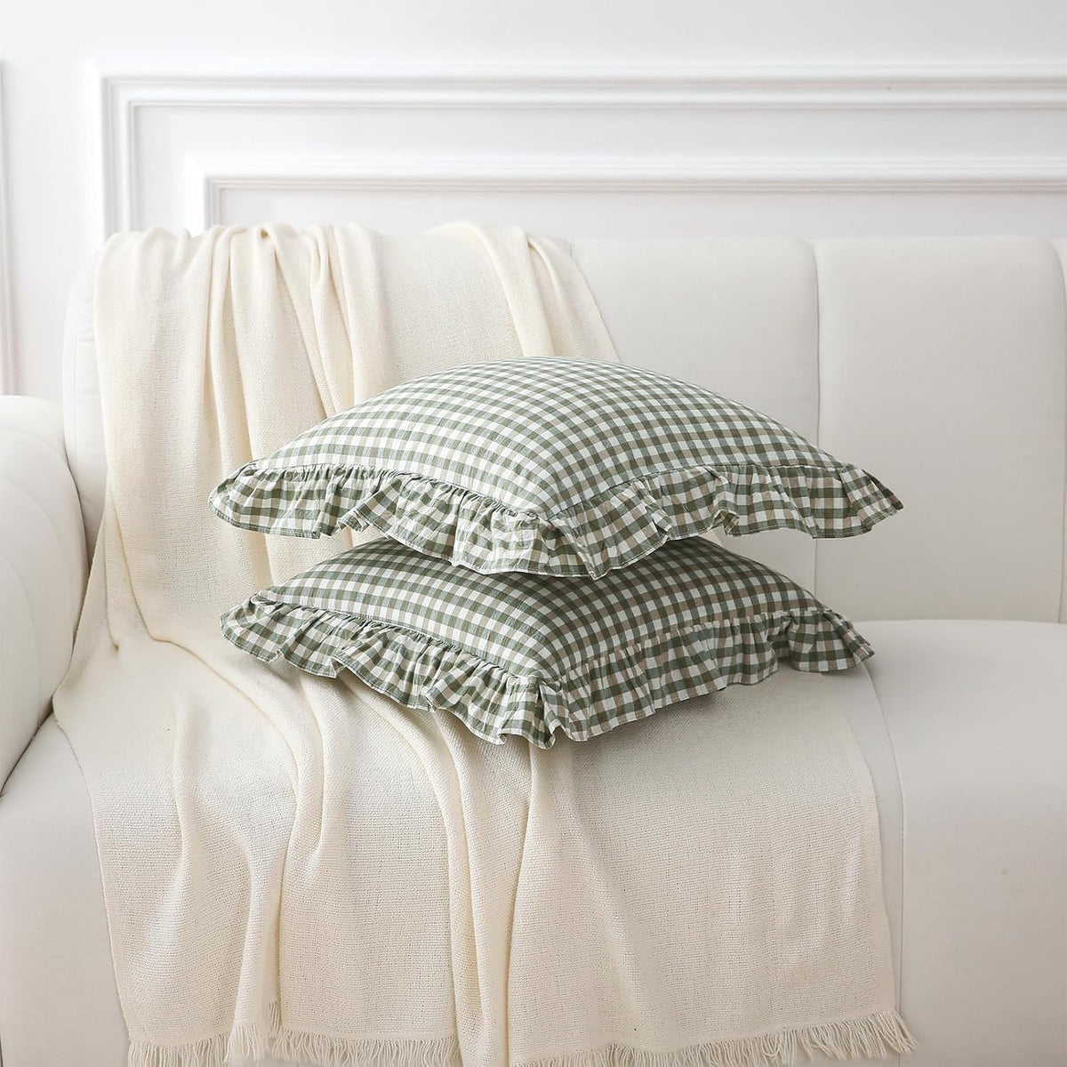 18"L x 18"W cotton throw pillow accessories in Sage Green/White Plaid, alternate view 3