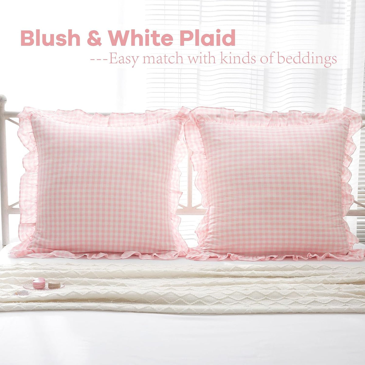 22"L x 22"W cotton pillowcases in Blush/White Plaid, alternate view 2