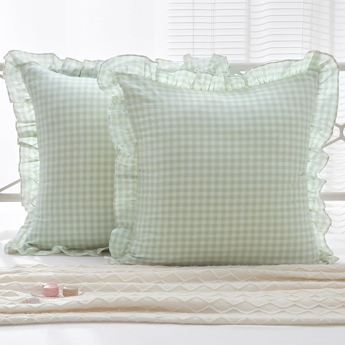 26"L x 26"W cotton throw pillow accessories in Pile Green/White Plaid