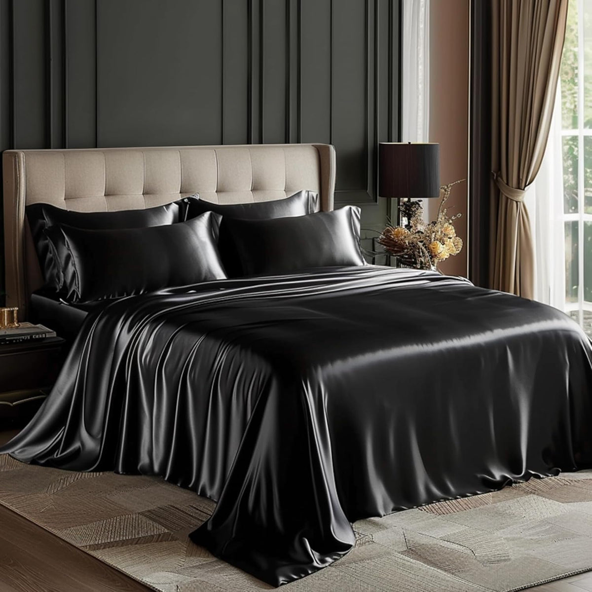 California King satin bedding sets in Black.