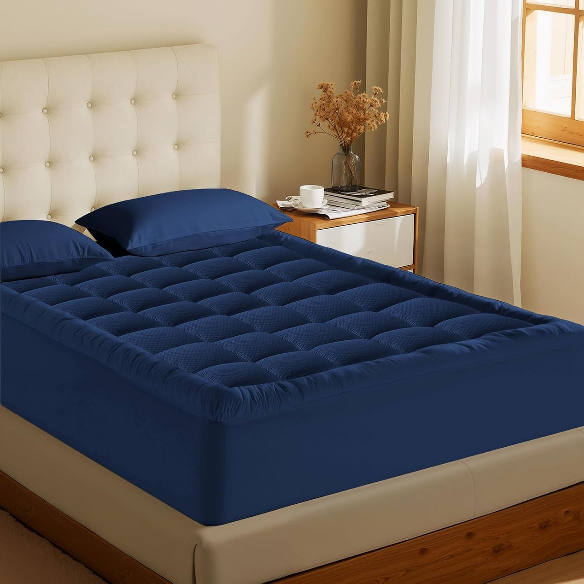 Queen polyester mattress pads in Navy Blue - Checkered, alternate view 8