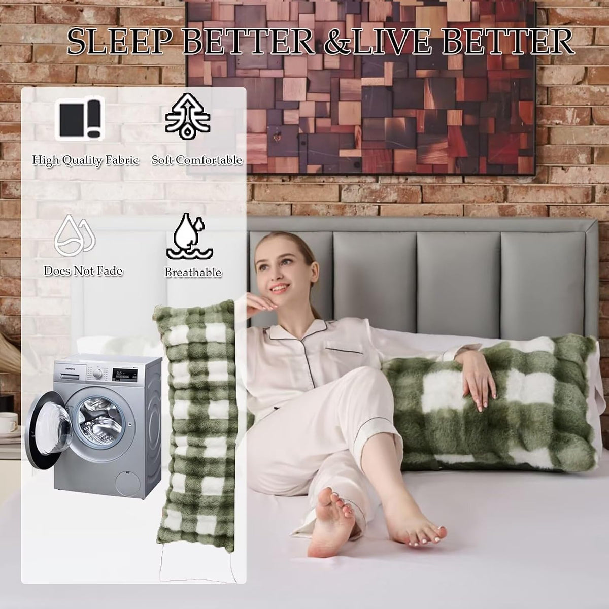 20" x 54" (9lbs) body pillows in Sage Green Grid Print, alternate view 2