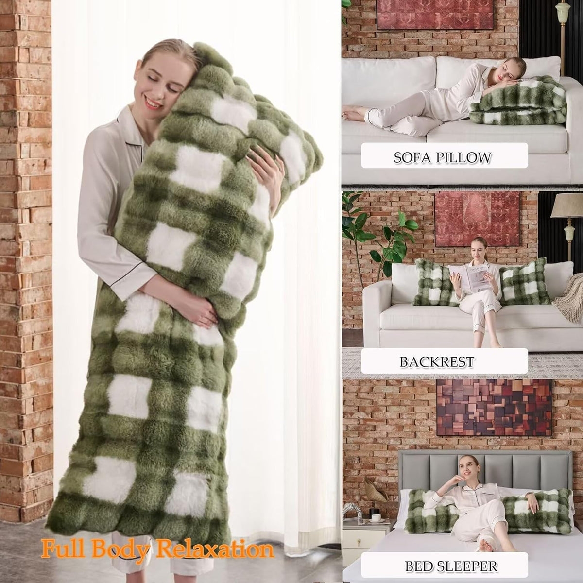 20" x 54" (9lbs) body pillows in Sage Green Grid Print, alternate view 3