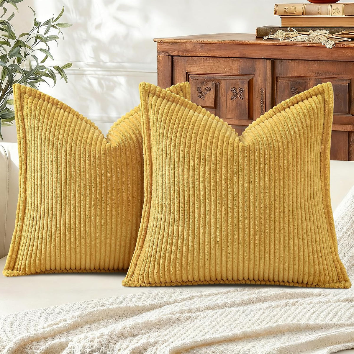 24"L x 24"W corduroy throw pillow accessories in Mustard Yellow