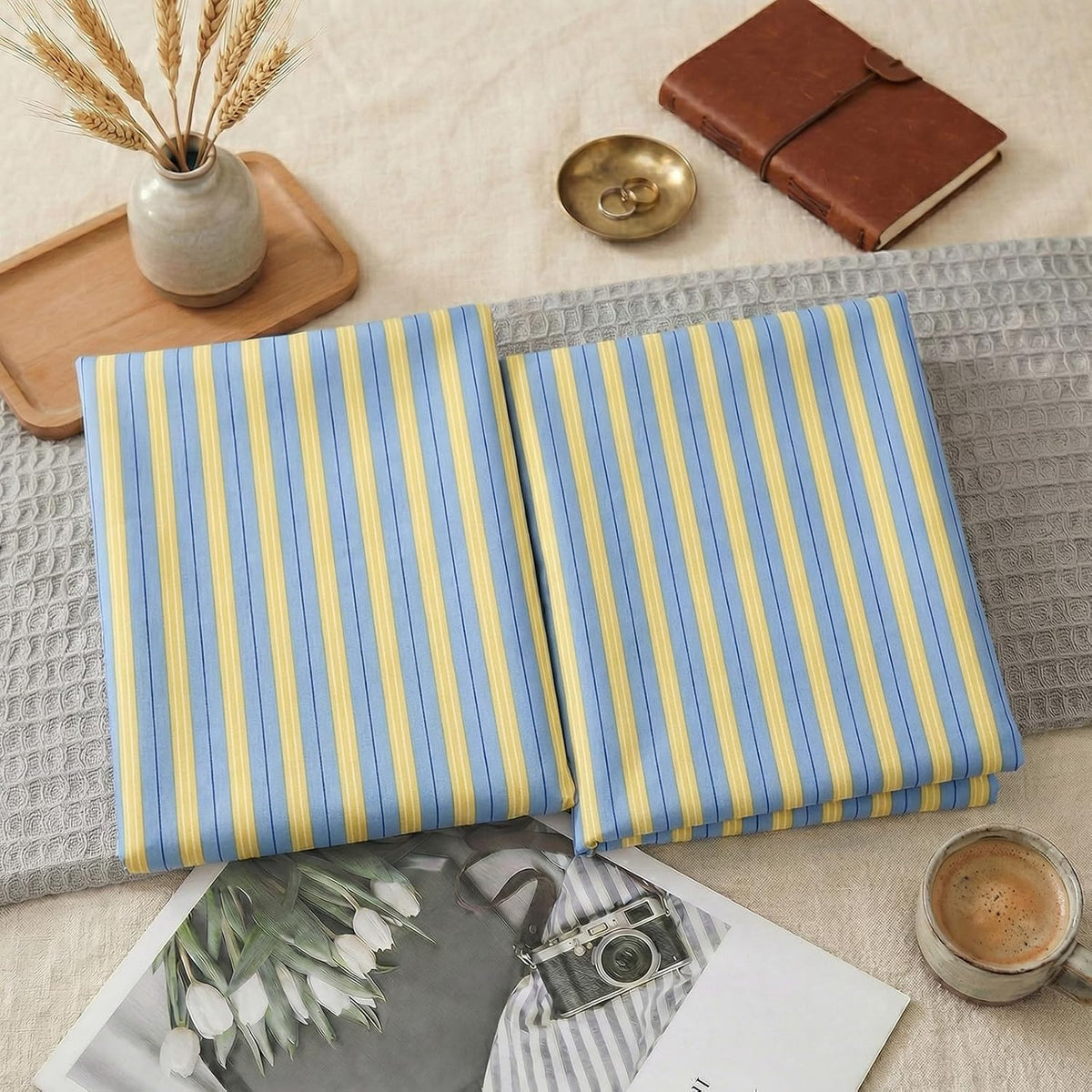 30"L x 20"W cotton pillowcases in Ribbon Stripes-blue/Yellow, alternate view 6