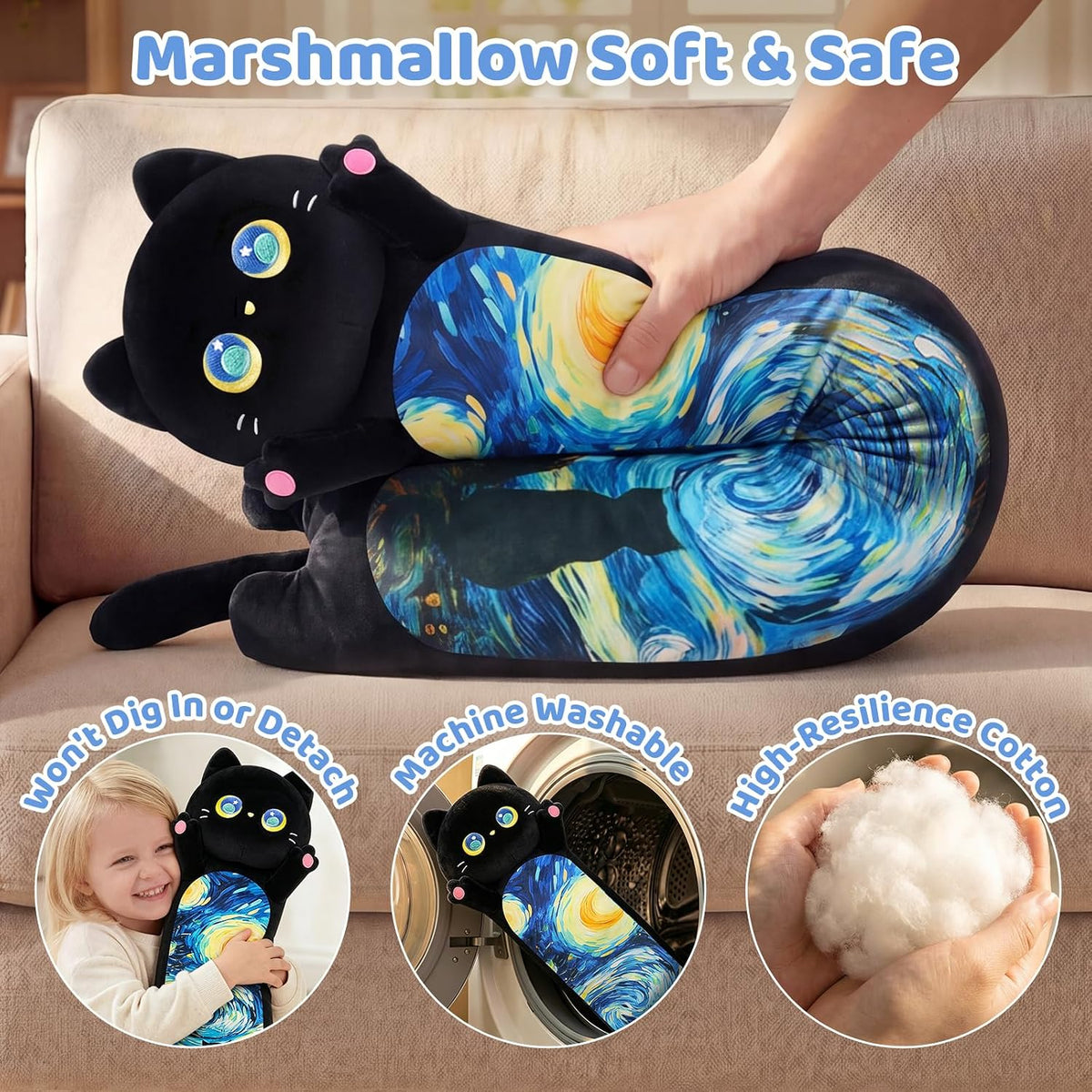19.6in/50cm polyester pillows in Black Starry Cat, alternate view 8