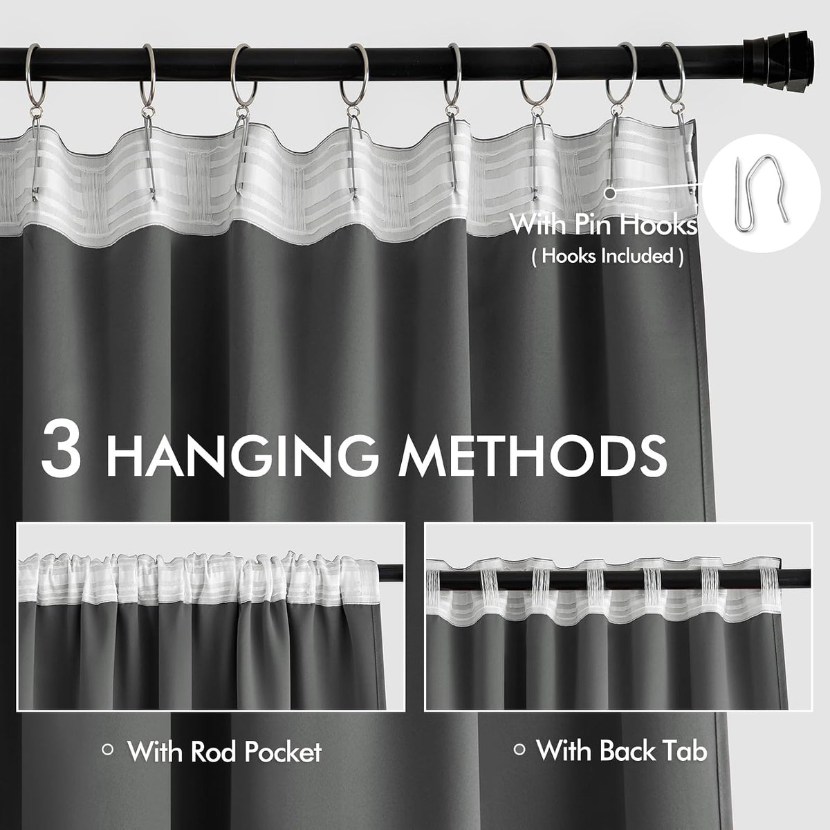 102"L x 52"W polyester curtains in Grey, alternate view 3