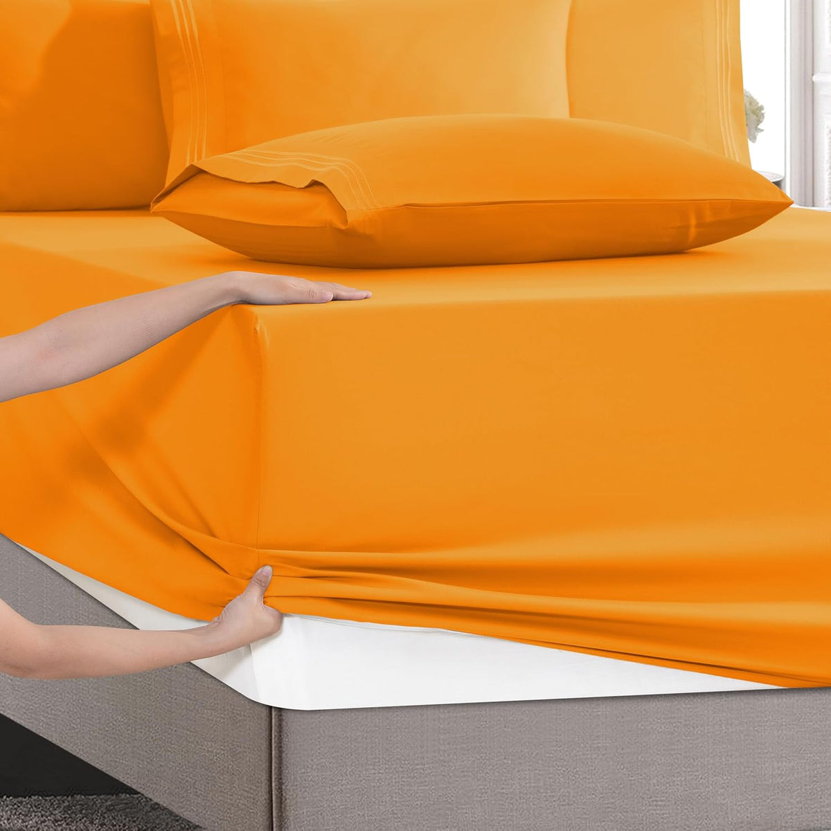 Cal King - EXTRA DEEP Pocket microfiber bedding sets in Orange, alternate view 5