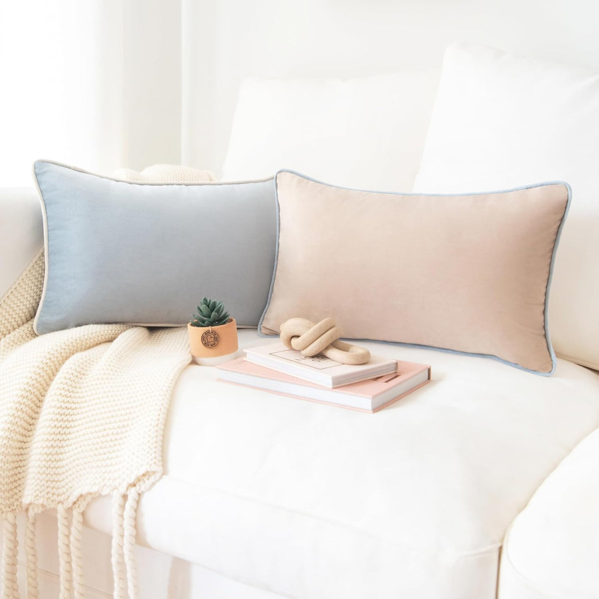 20"L x 12"W velvet throw pillow accessories in Beige/Light Blue