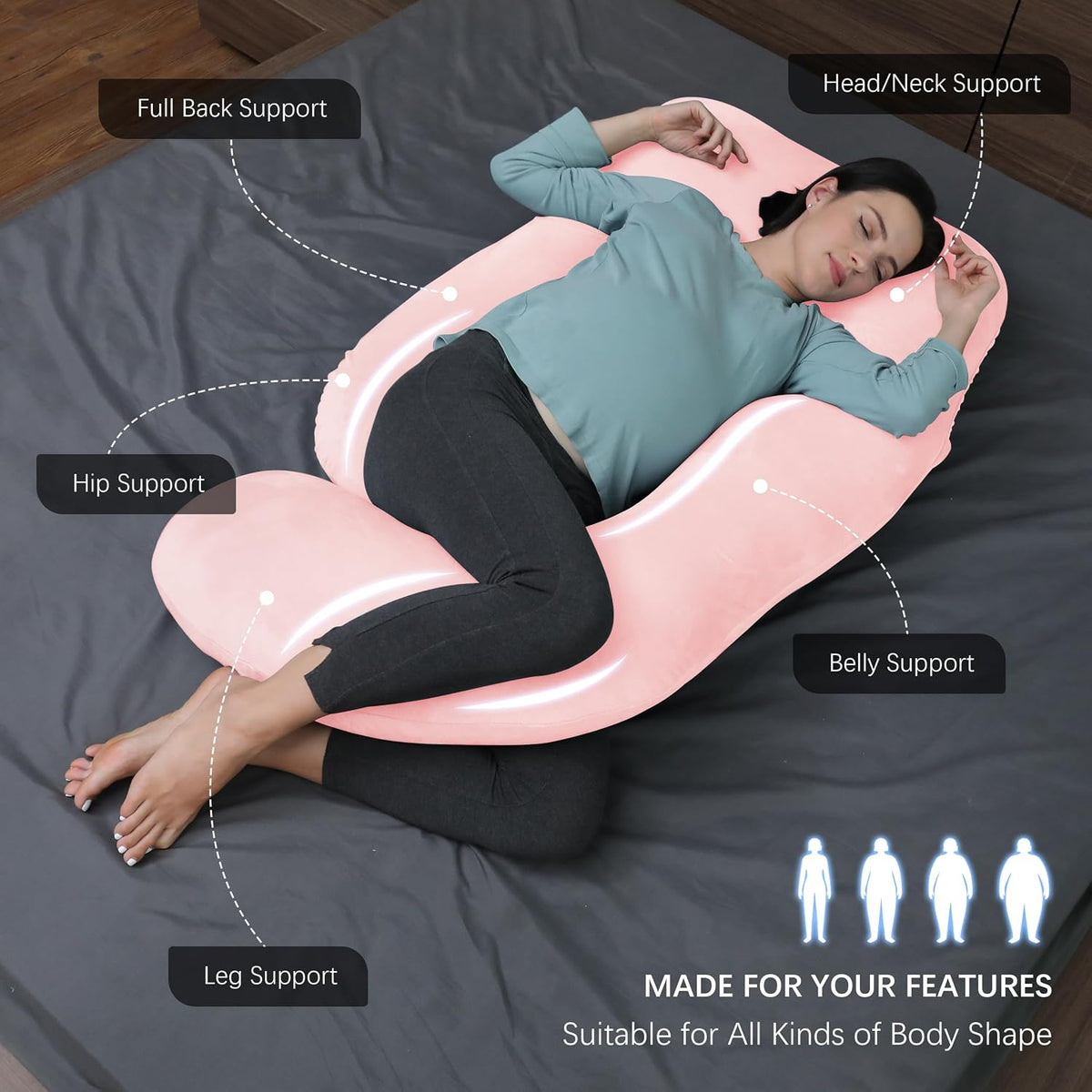 Velvet Cover - 57 Inch polyester pregnancy & maternity pillows in Pink, alternate view 2
