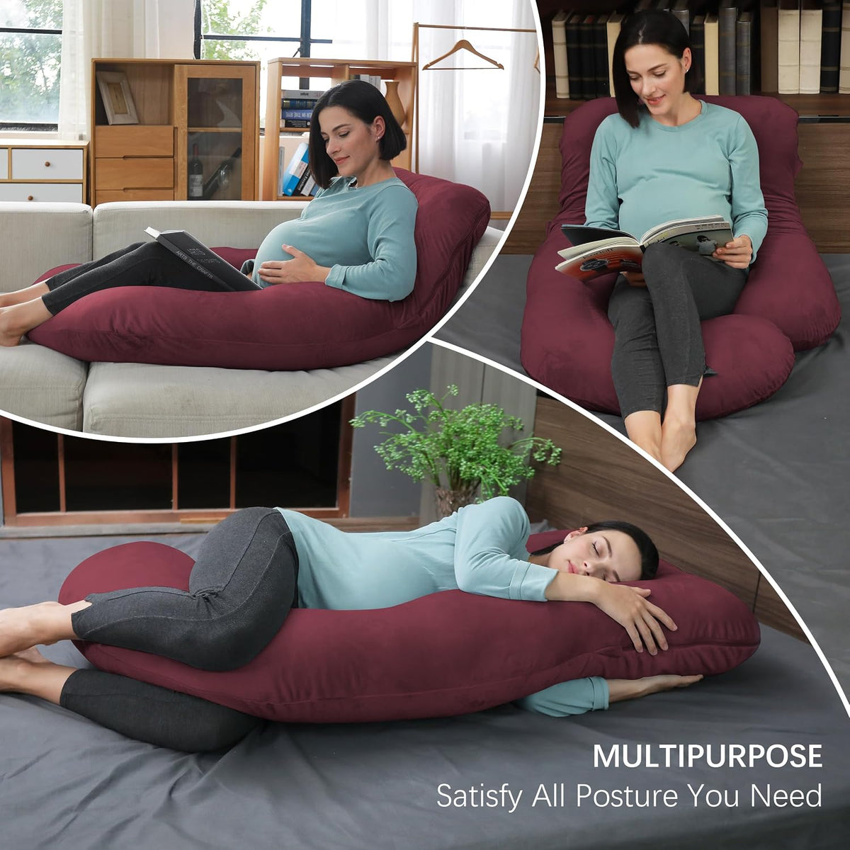Velvet Cover - 65 Inch polyester pregnancy & maternity pillows in Burgundy, alternate view 6