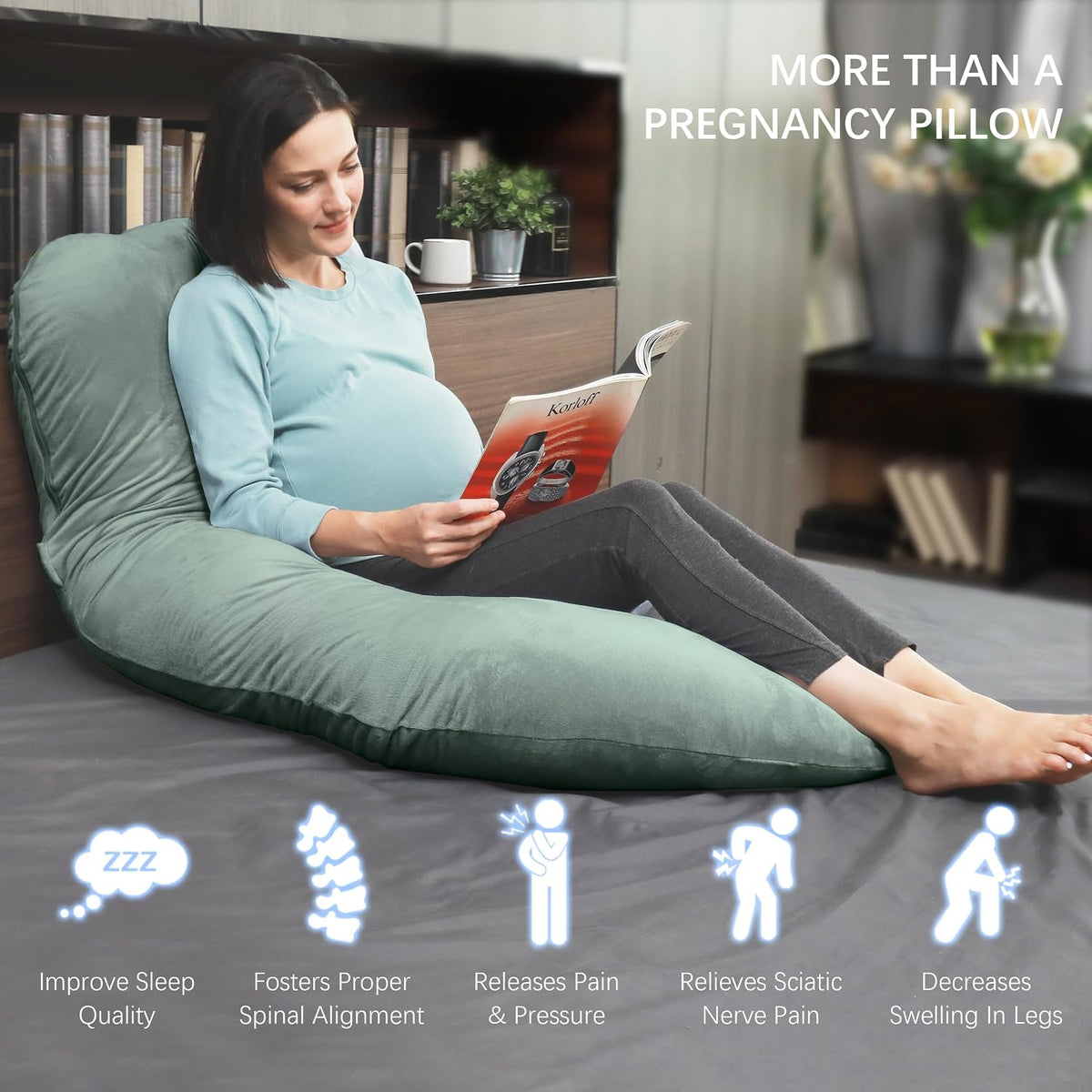Velvet Cover - 65 Inch polyester pregnancy & maternity pillows in Green, alternate view 4