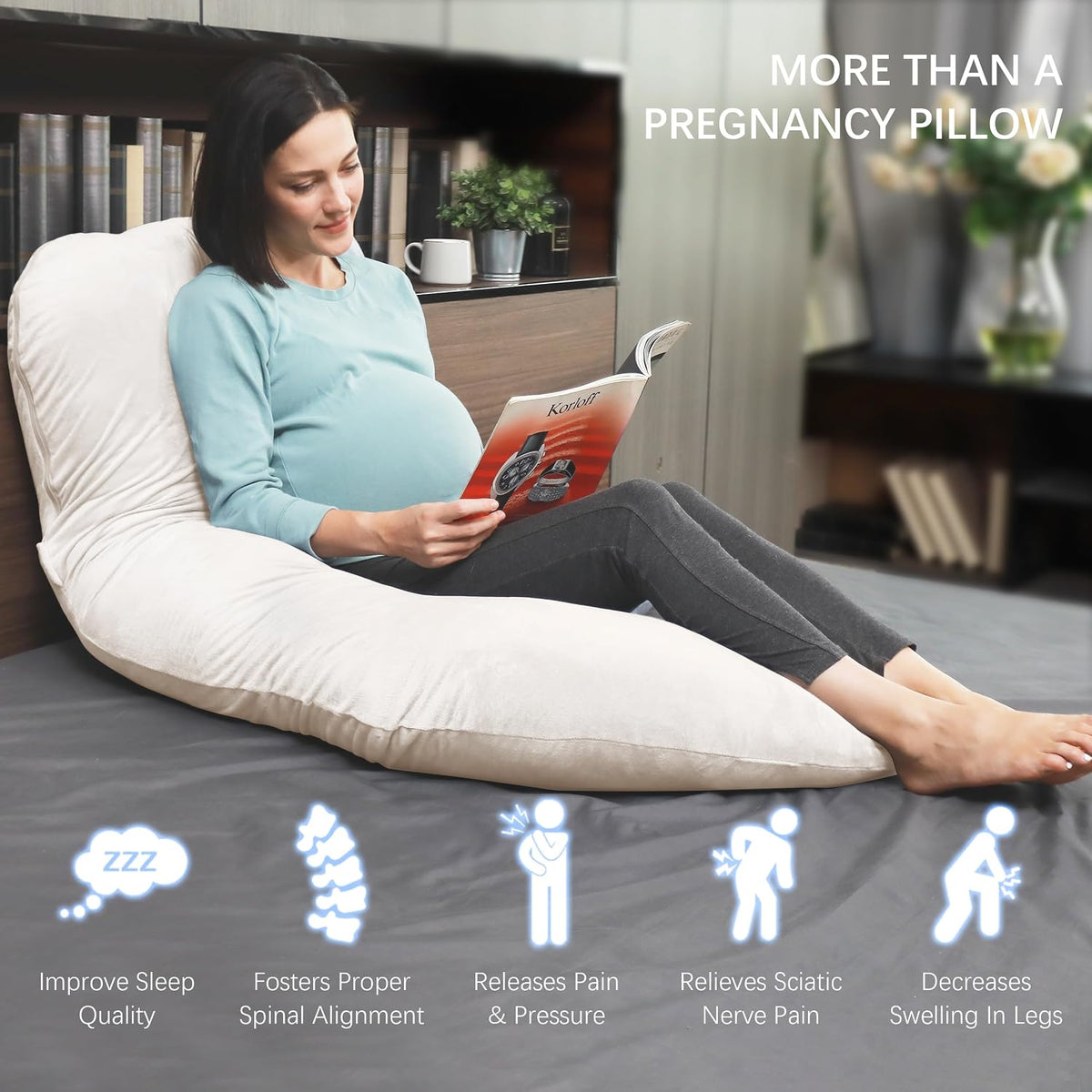 Velvet Cover - 65 Inch polyester pregnancy & maternity pillows in Ivory, alternate view 4