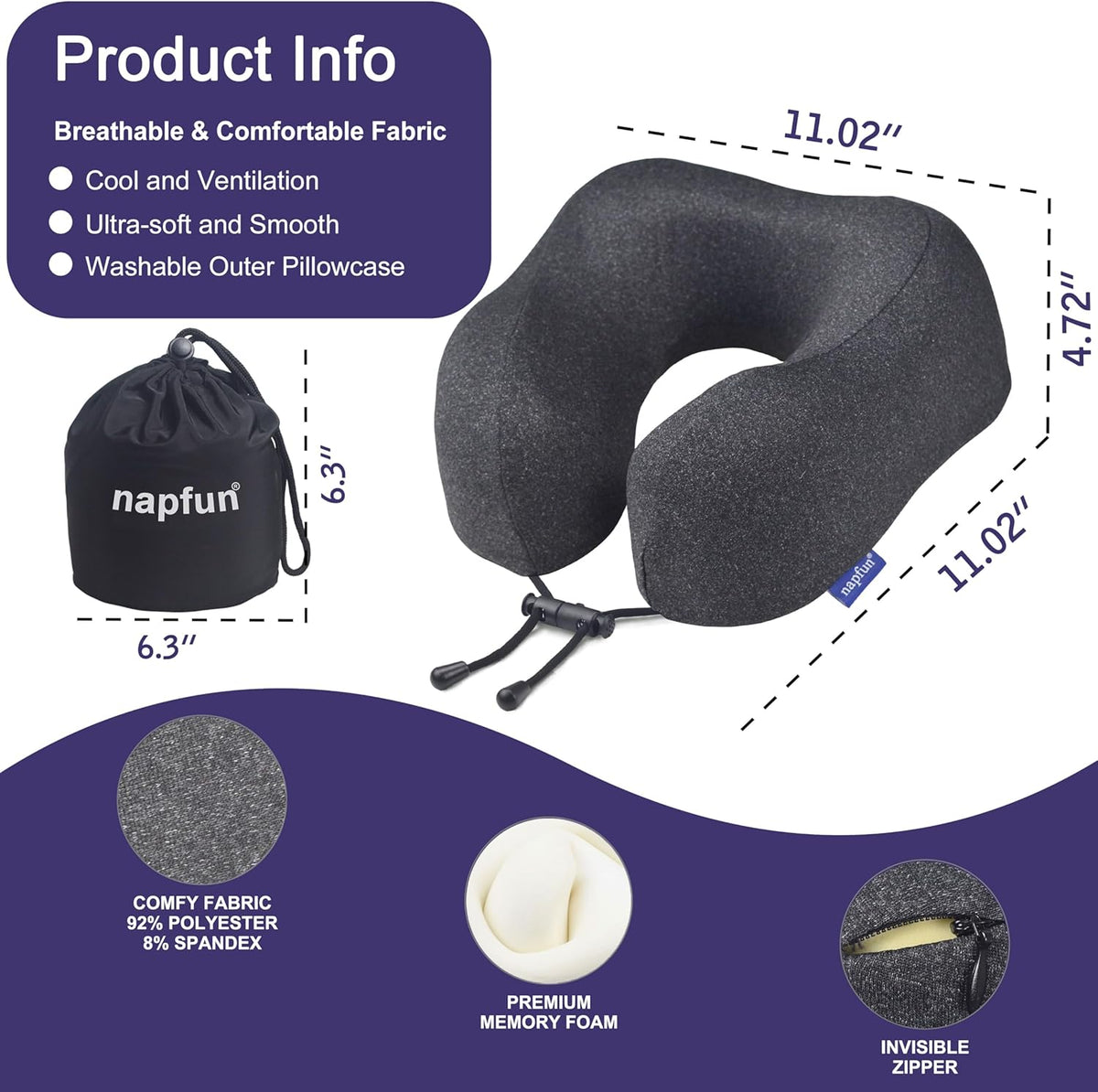 1 Count memory foam travel pillows in Black, alternate view 2
