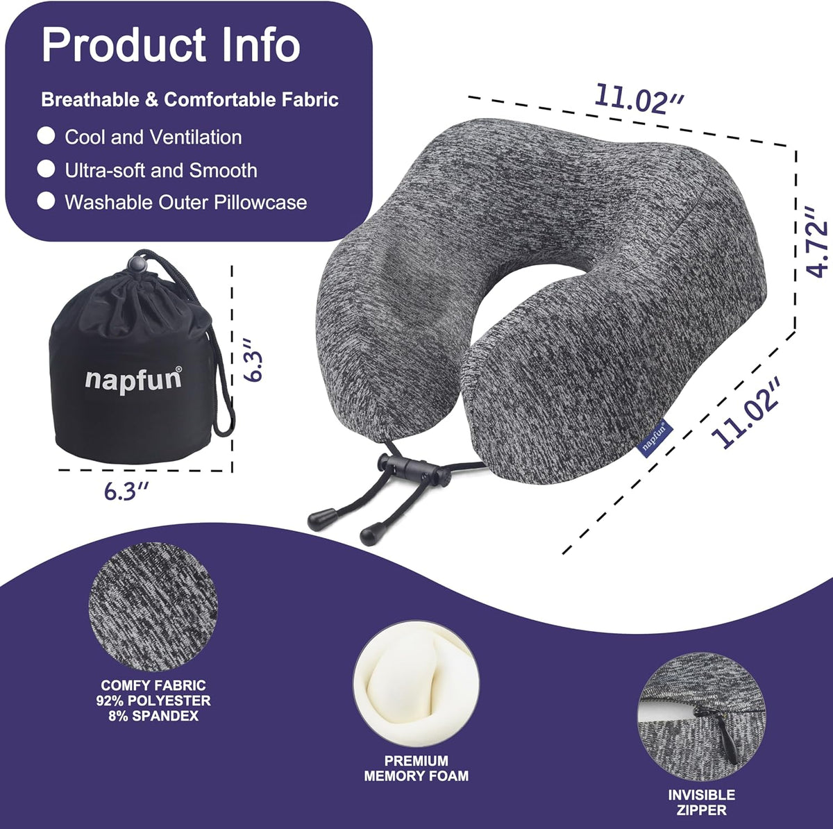 1 Count memory foam travel pillows in Gray, alternate view 2