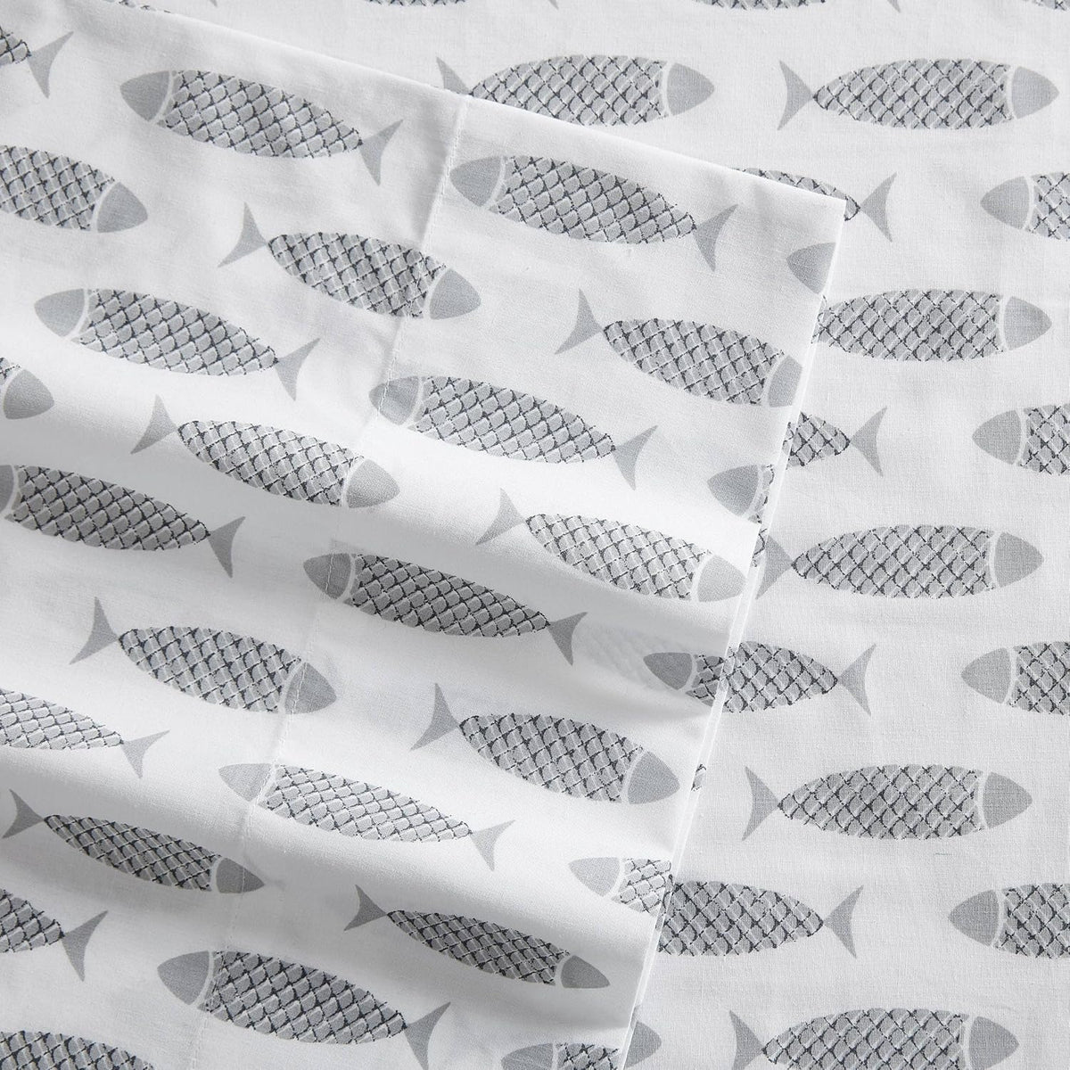 Full cotton bedding sets in Woodblock Fish Grey, alternate view 3