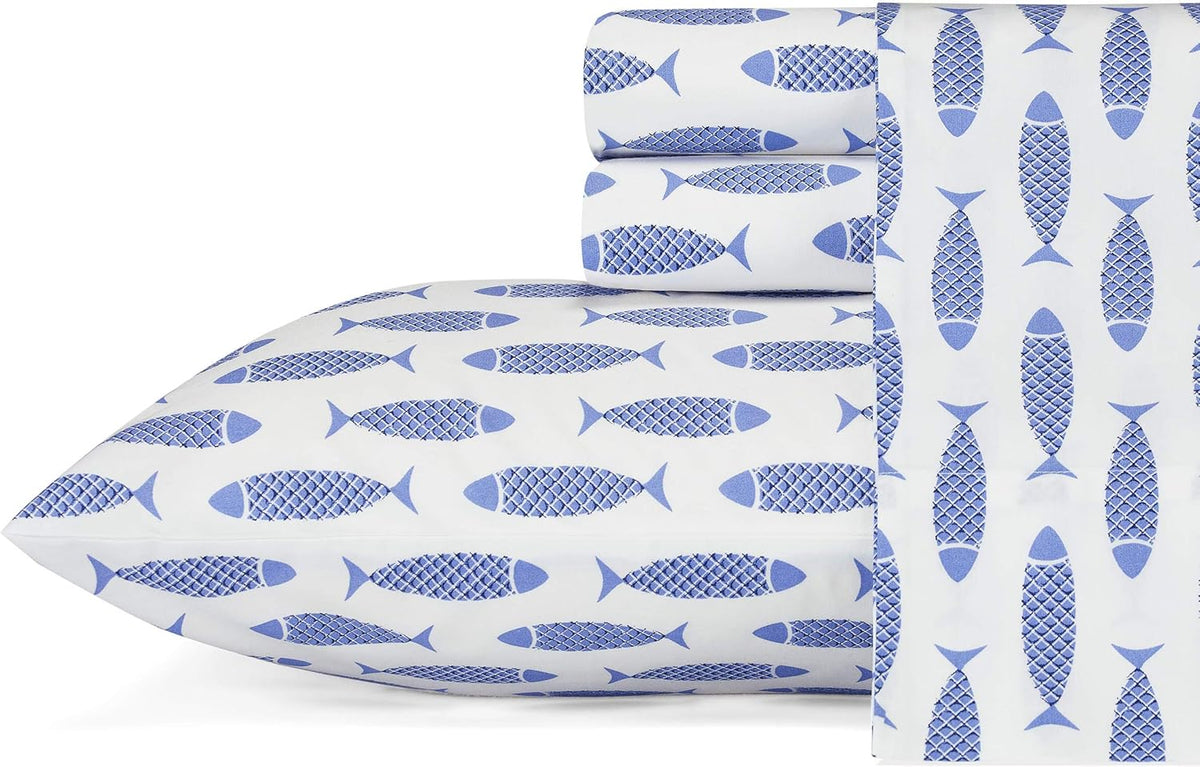 King cotton bedding sets in Woodblock Fish Blue