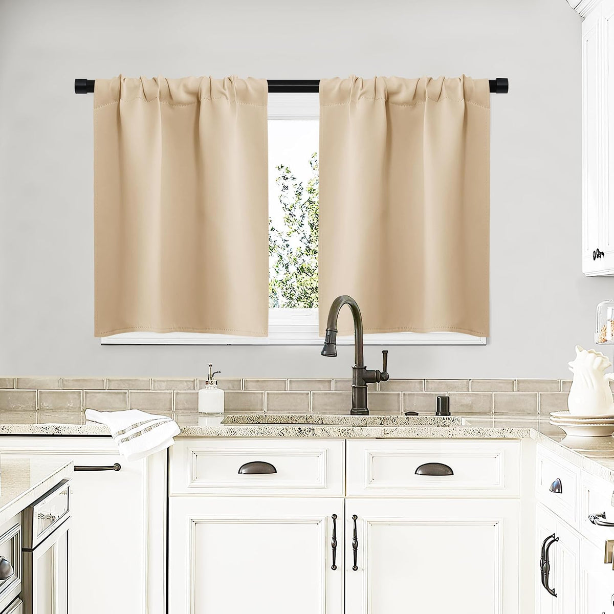 20"L x 29"W polyester curtains in Biscotti Beige