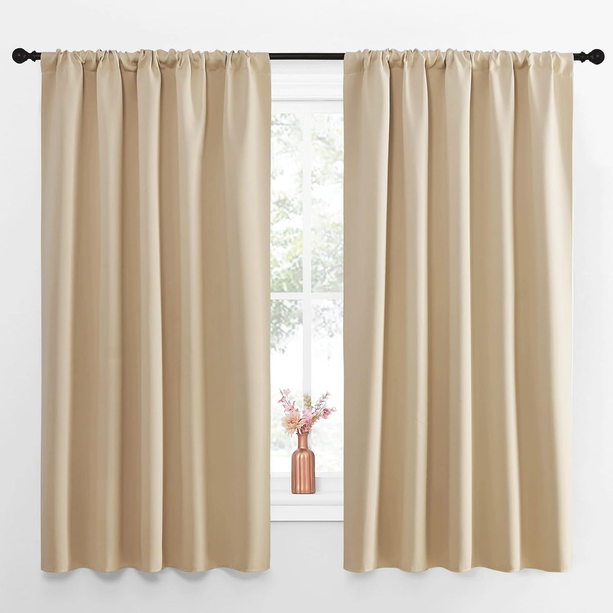 63"L x 52"W polyester curtains in Biscotti Beige