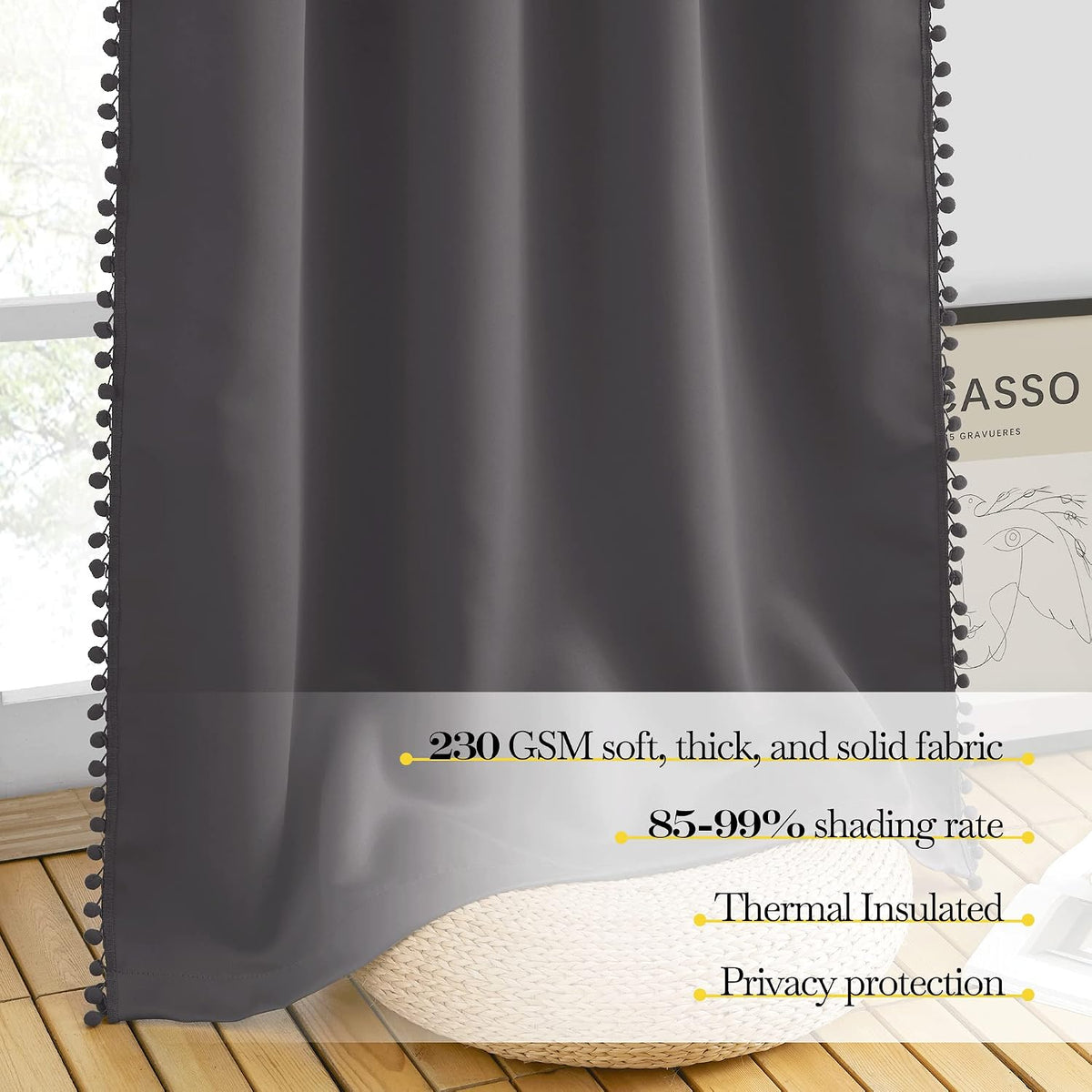 63"L x 52"W polyester curtains in Dark Grey, alternate view 5