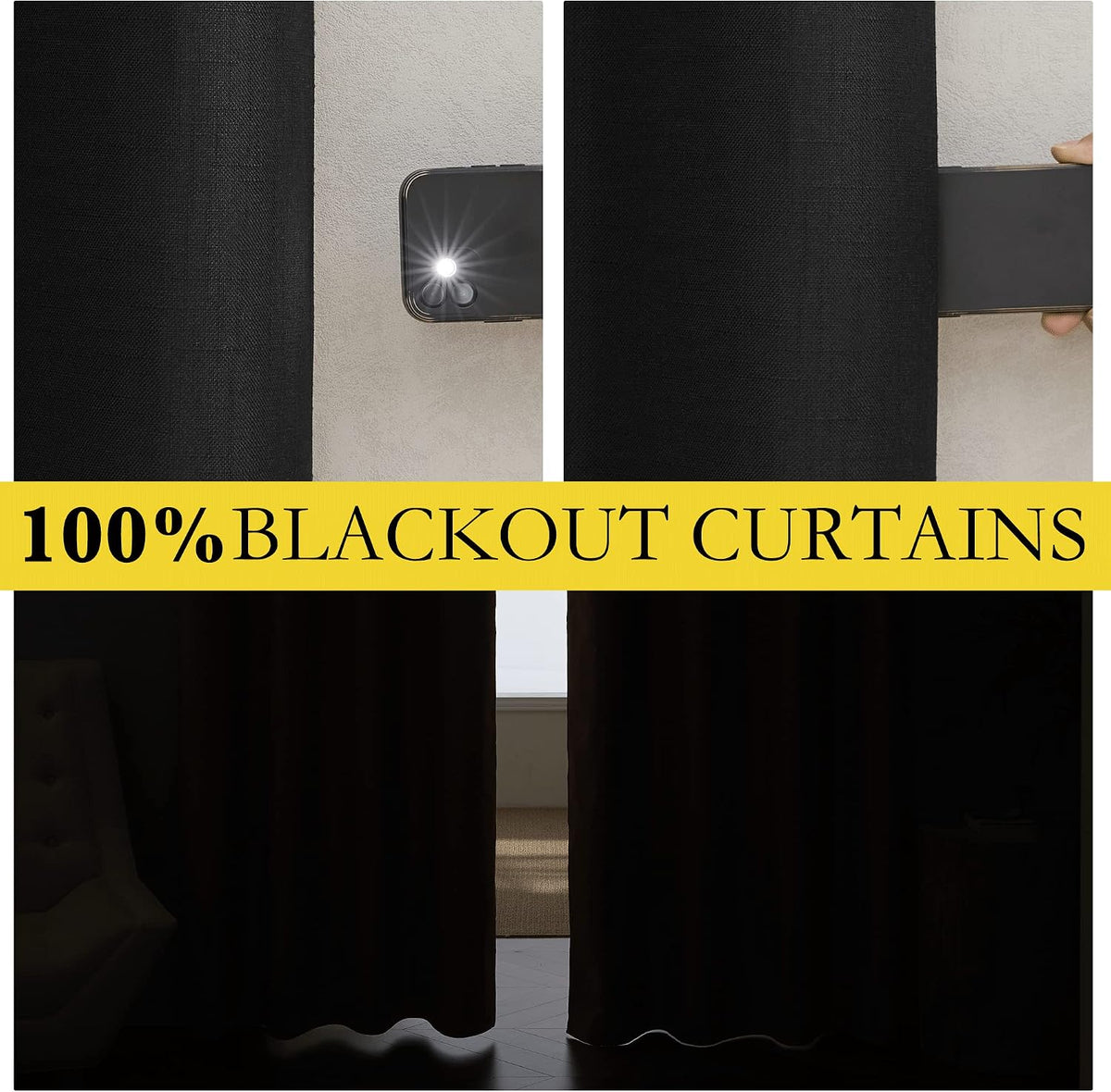 72"L x 52"W linen curtains in Black, alternate view 2