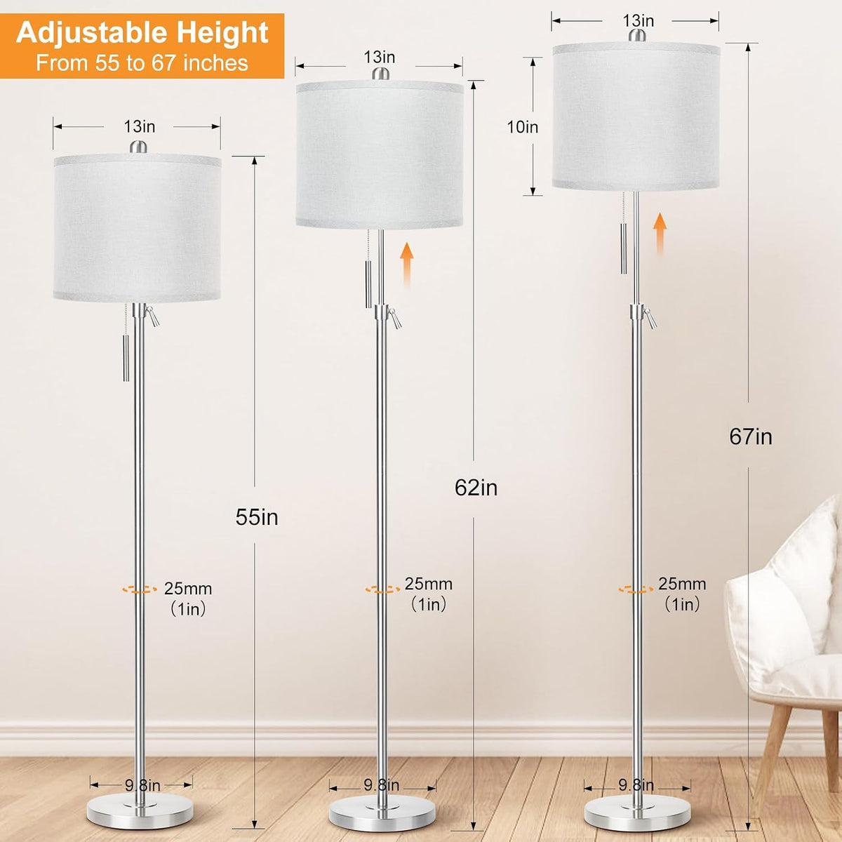 13"D x 13"W x 66"H metal floor lamps, alternate view 2