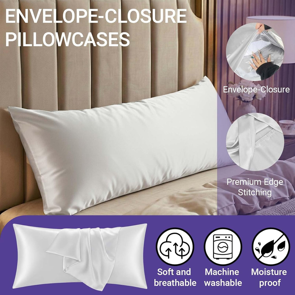 Body (20"x54") polyester pillowcases in Silver and Gray, alternate view 2