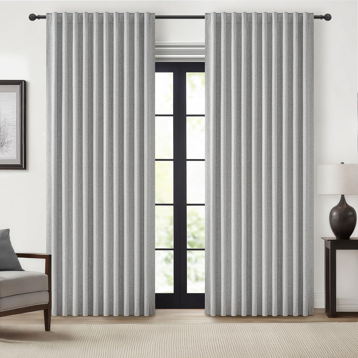 96"L x 70"W linen curtains in Grey