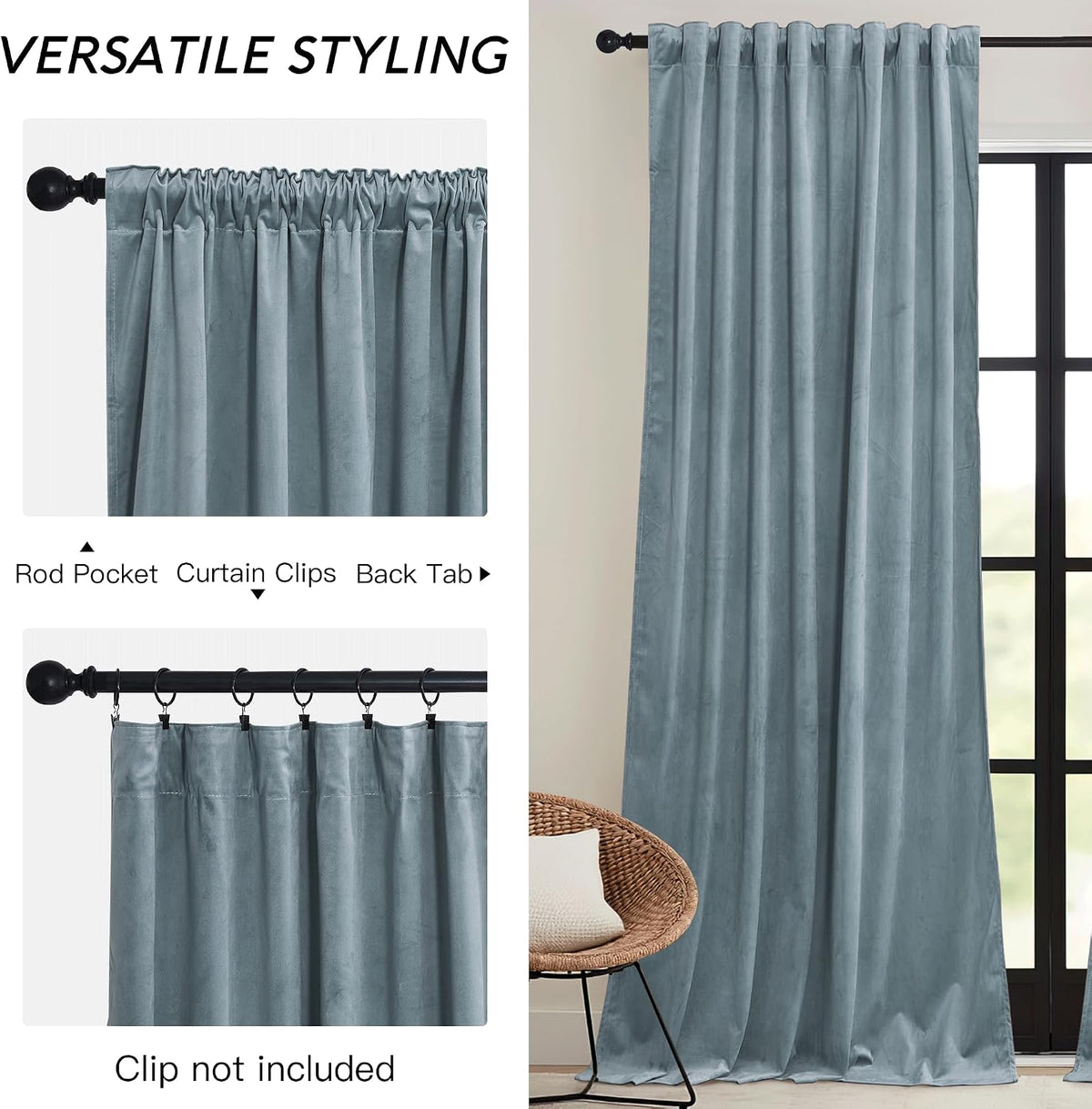 84"L x 52"W velvet curtains in Stone Blue, alternate view 3