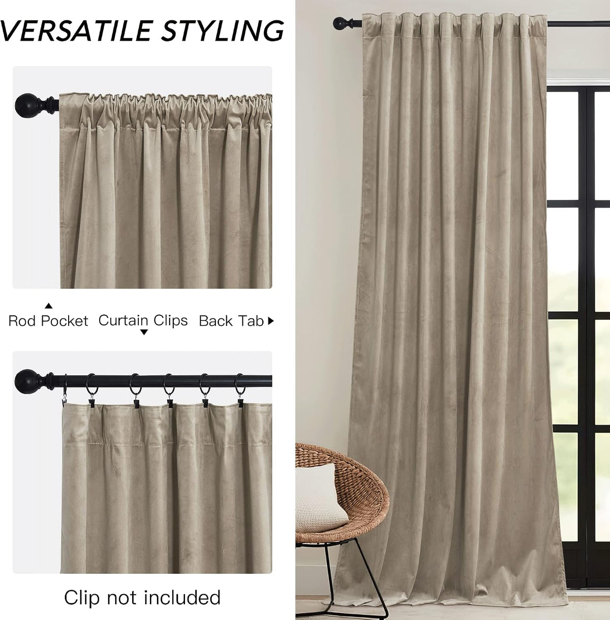 96"L x 52"W velvet curtains in Camel Beige, alternate view 3