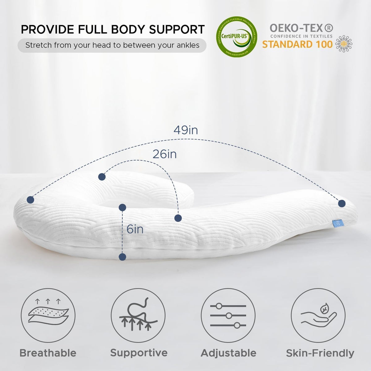 Pillow (49 Inch) memory foam body pillows in White Tencel (Extra Pillowcase), alternate view 7