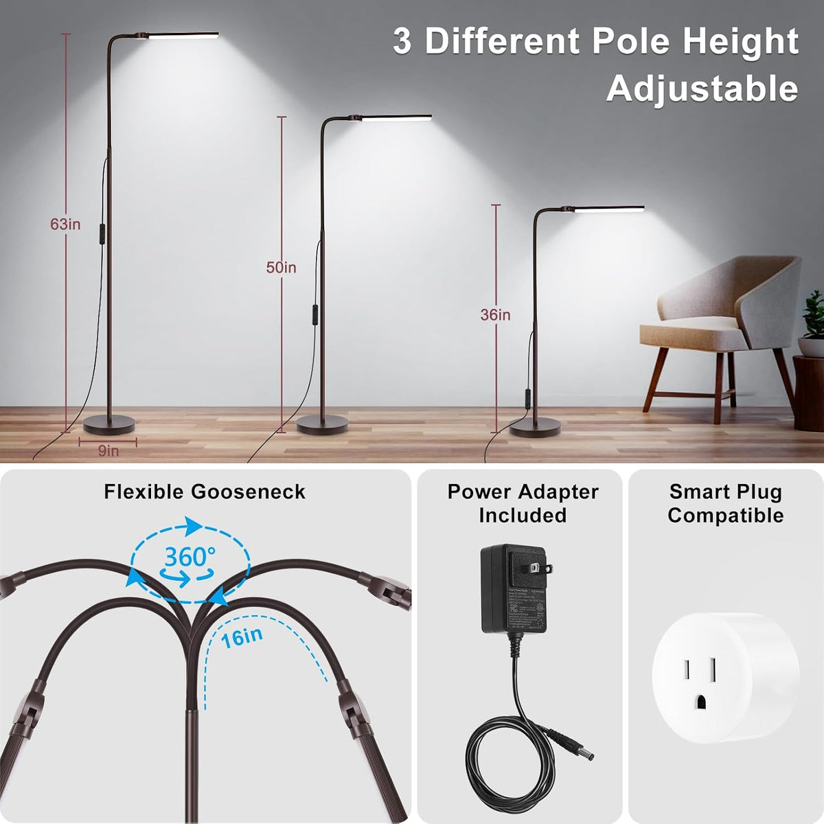 9"D x 9"W x 63"H metal floor lamps, alternate view 4