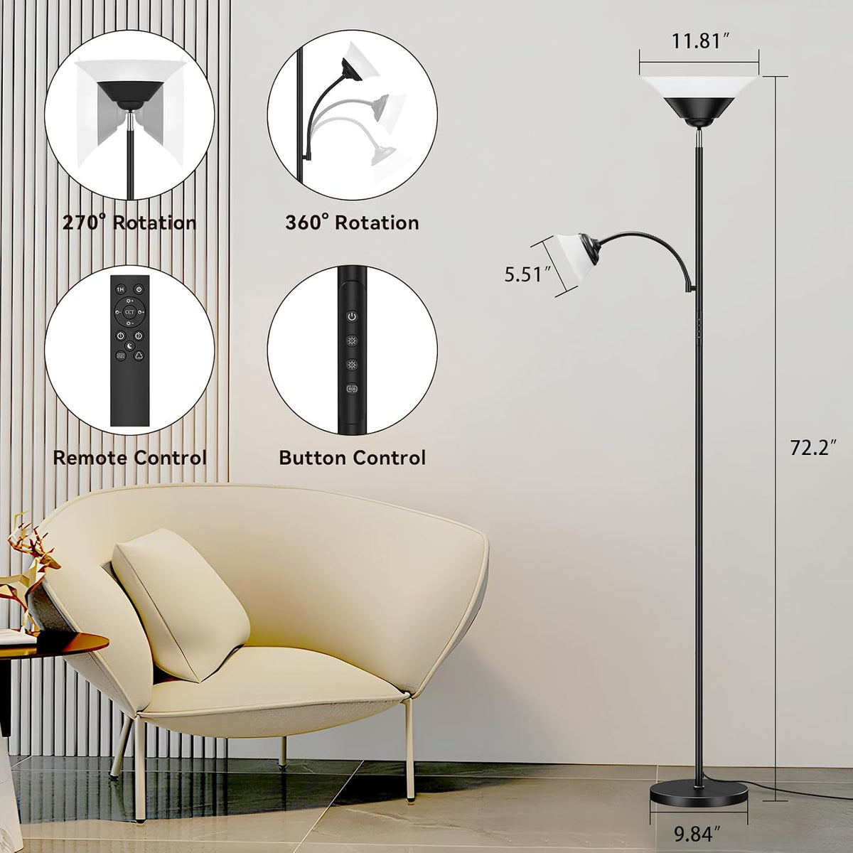 9.84"D x 9.84"W x 72.2"H metal floor lamps, alternate view 7