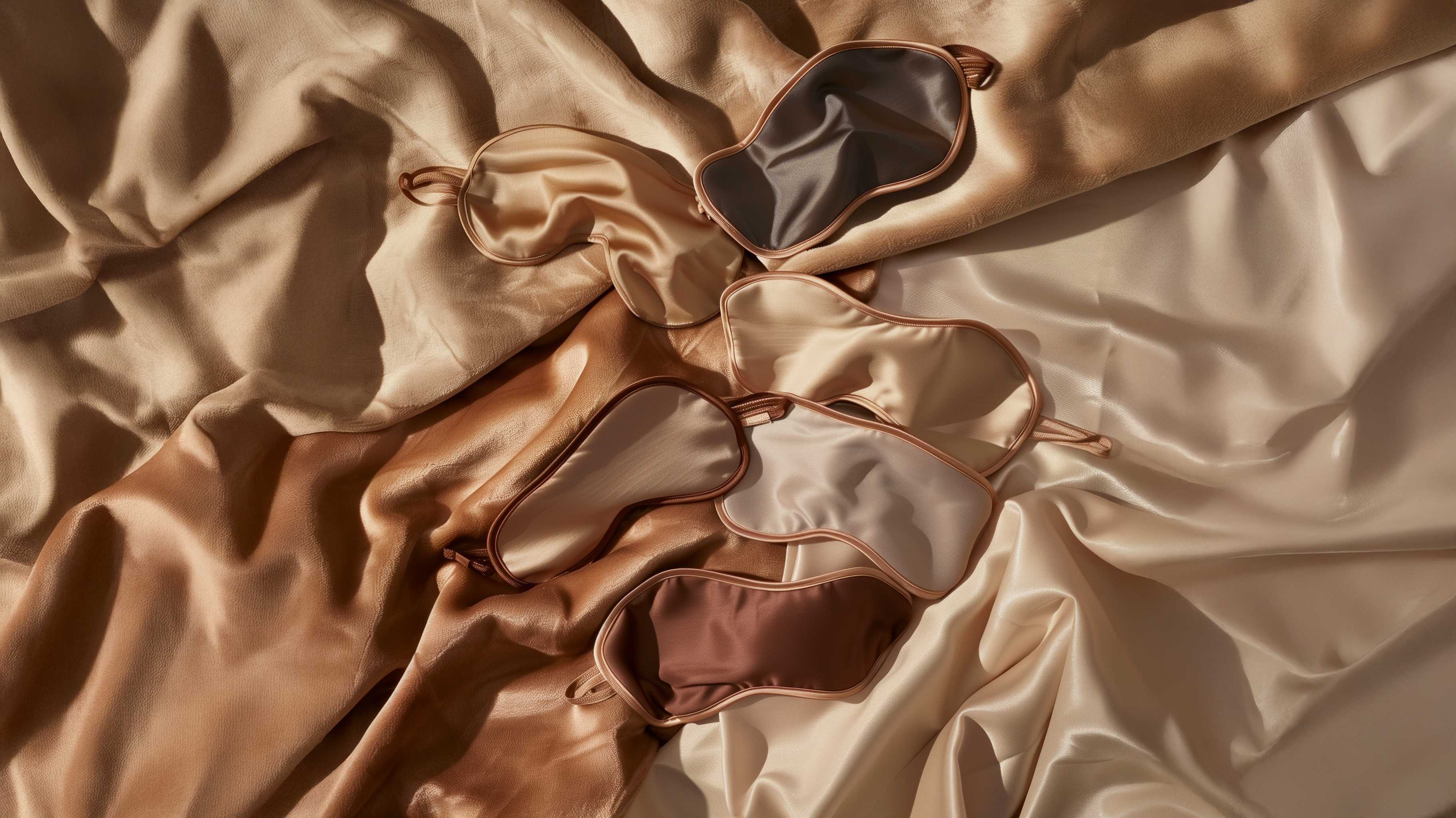 Satin sleep masks arranged on warm neutral fabric