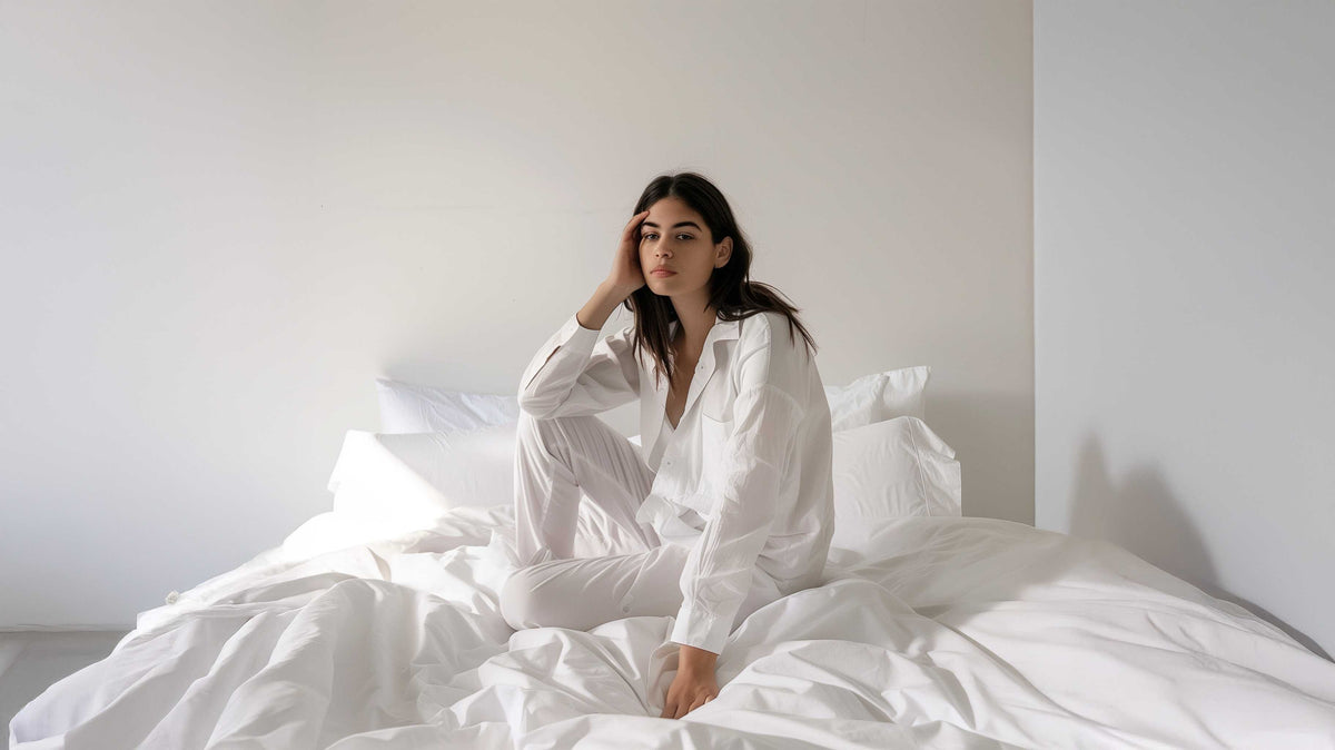 Woman sitting on white bedding in a bright, serene bedroom