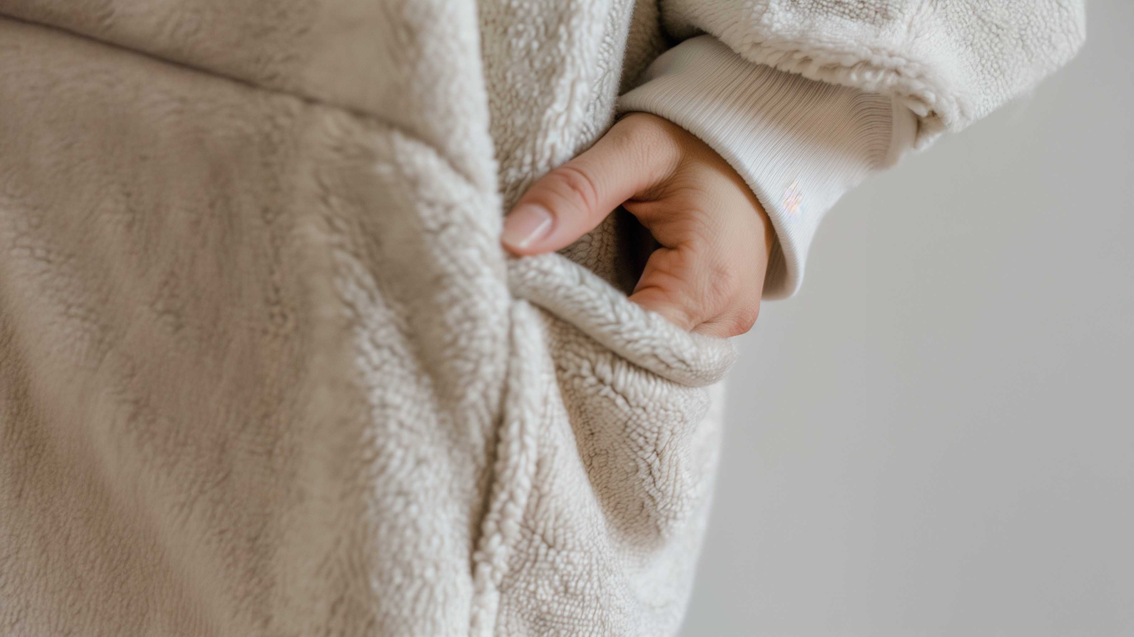 Hand resting in the pocket of soft neutral loungewear