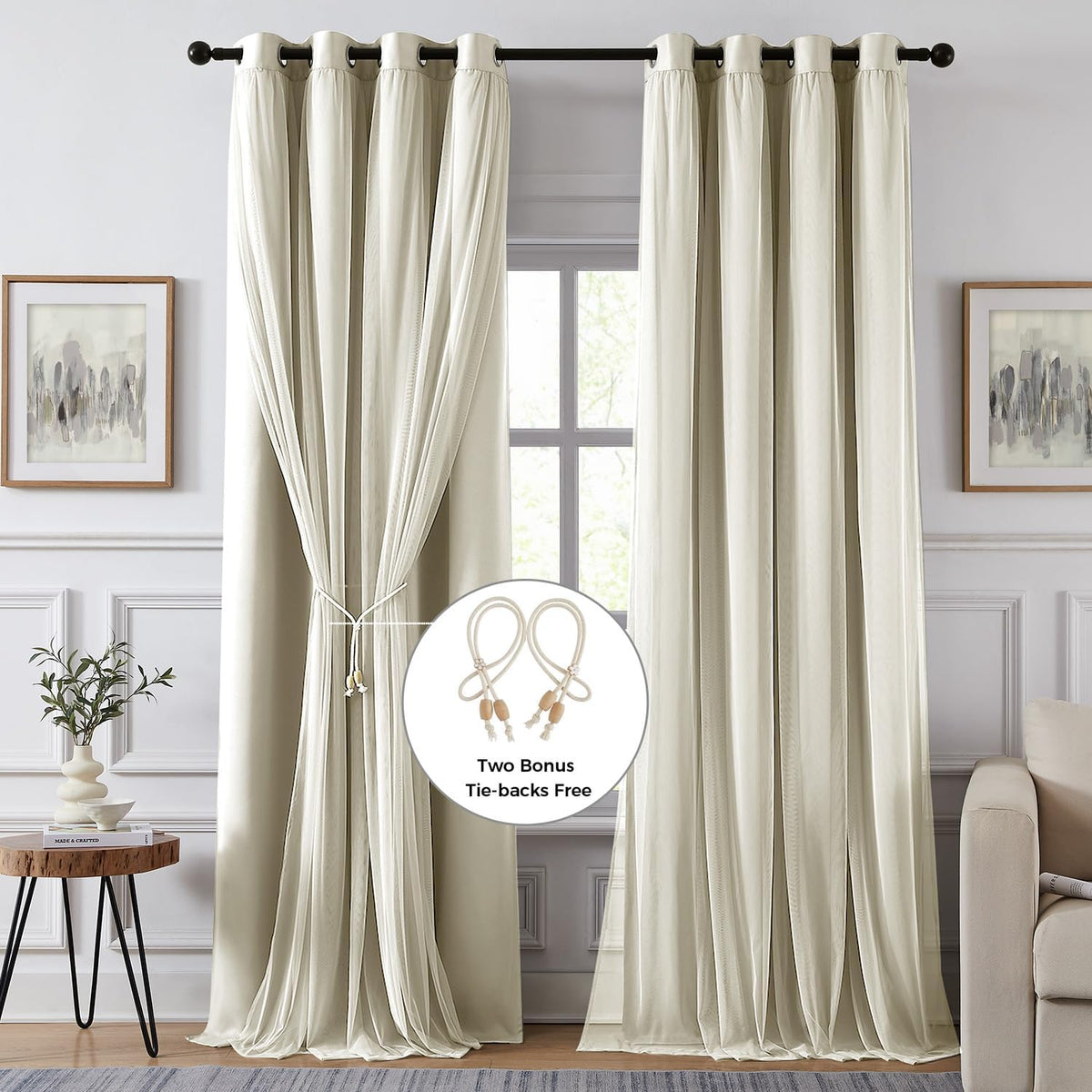 63"L x 52"W polyester curtains in Beige, alternate view 2