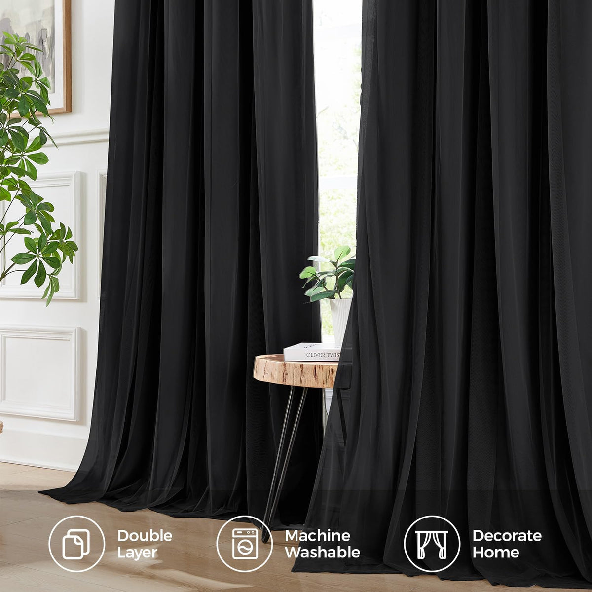 84"L x 52"W polyester curtains in Black, alternate view 6