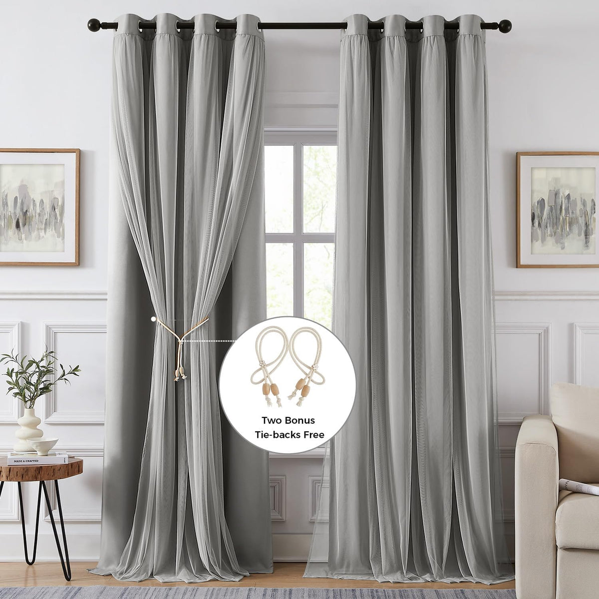 90"L x 52"W polyester curtains in Light Grey, alternate view 2
