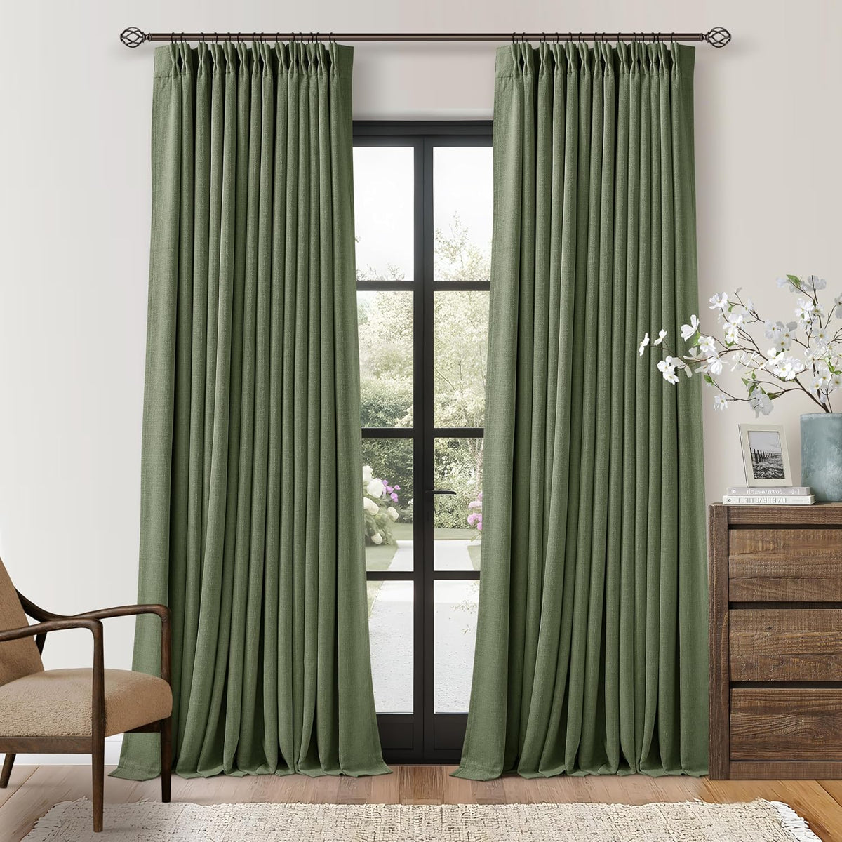 102"L x 40"W linen curtains in Olive Green