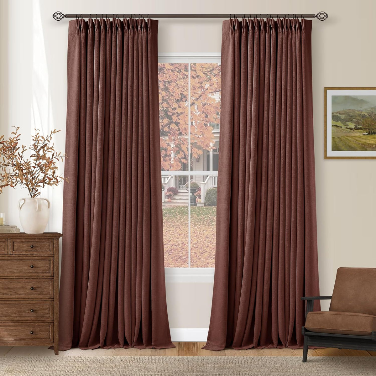 120"L x 40"W linen curtains in Chestnut Brown