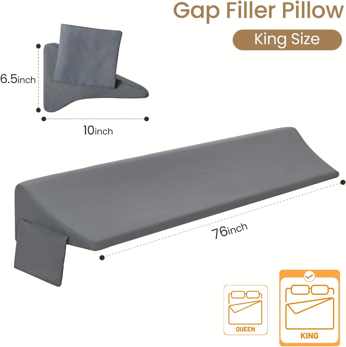 King(76"x10"x6.5"-Large) foam wedge pillows in Gray, alternate view 2