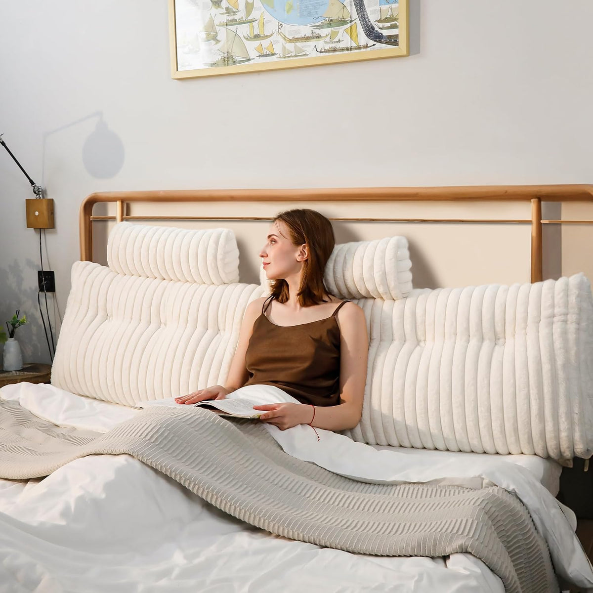 King: 76x8x20 Inches cotton backrest pillows in White and Beige
