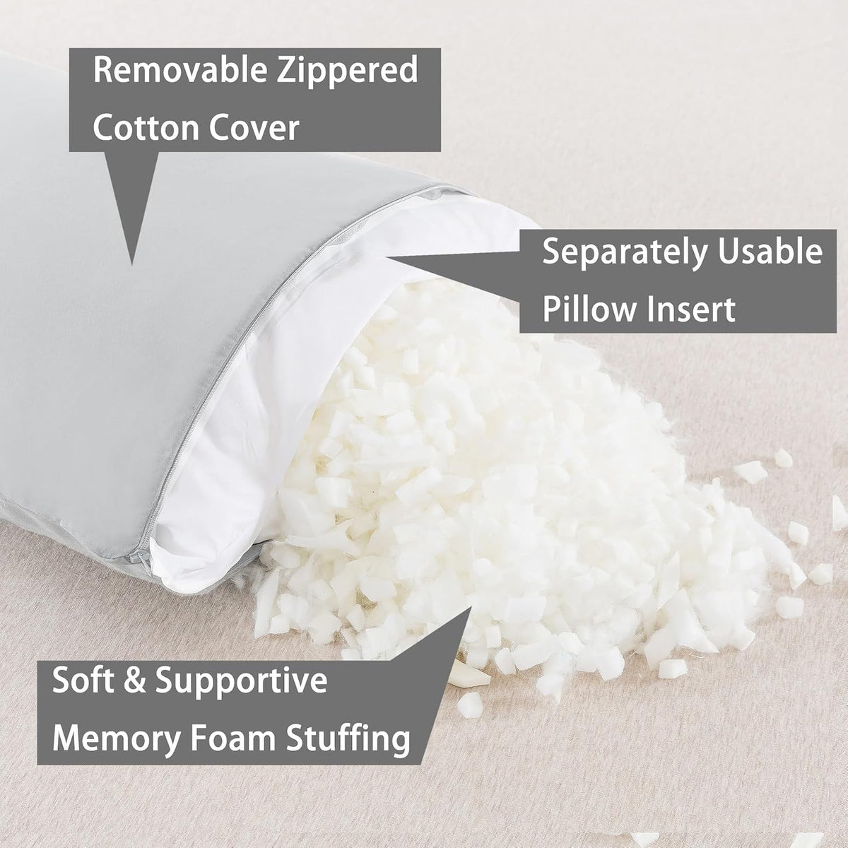 Long Body Pillow memory foam body pillows in Light Grey, alternate view 2